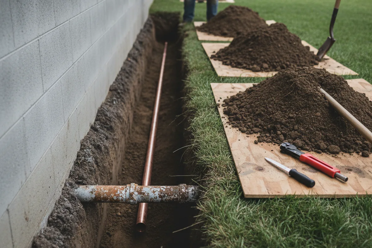 Excavated water line trench during Water Softener Installation in Moreno Valley